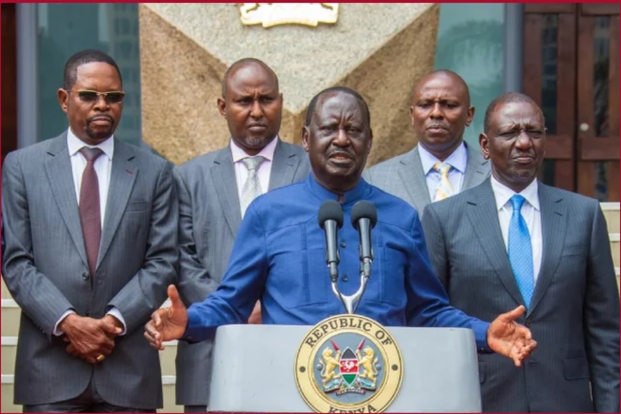 ODM leader Raila Odinga and President William Ruto flanked by allies in a past joint presser.